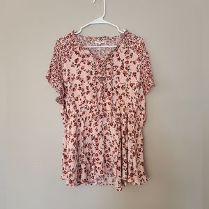 Maurices Pink Floral Lace Up Front Peplum Blouse Size 2X